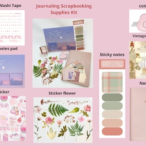 Journaling Supplies Kit include Stickers, Washi tape, Notebook, Sticky note, Vintage collage scrapbooking, Planner Supplies