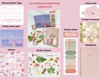 Pode incluir: Um kit de scrapbooking e journaling rosa e branco com uma variedade de suprimentos, incluindo fita washi, notas adesivas, adesivos, flores secas, um caderno e uma faca de uso geral.