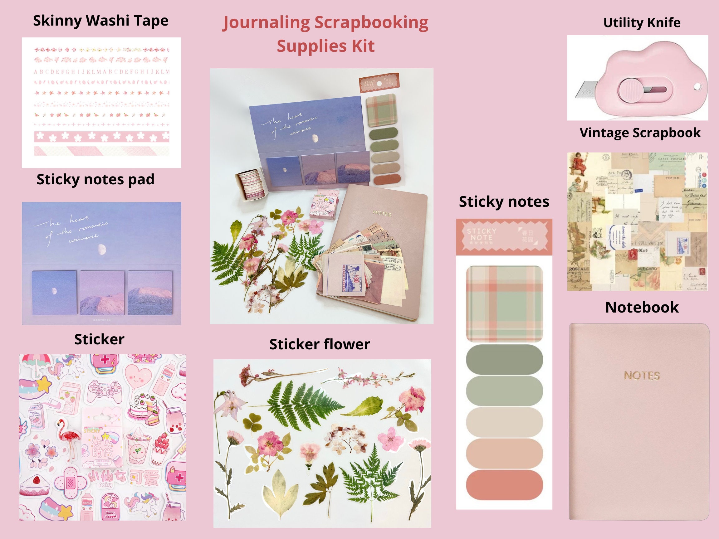 Journaling Supplies Kit Include Stickers, Washi Tape, Notebook, Sticky  Note, Vintage Collage Scrapbooking, Planner Supplies 