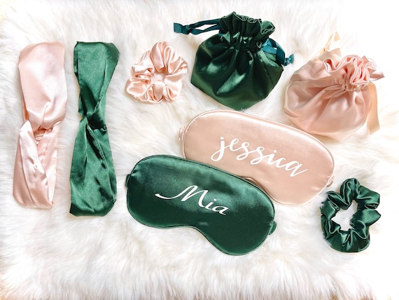 Customize personalized Fancy satin sleep accessories/Travel set: Silk sleep mask, satin Hair Band, satin scrunchies, satin drawstring bag