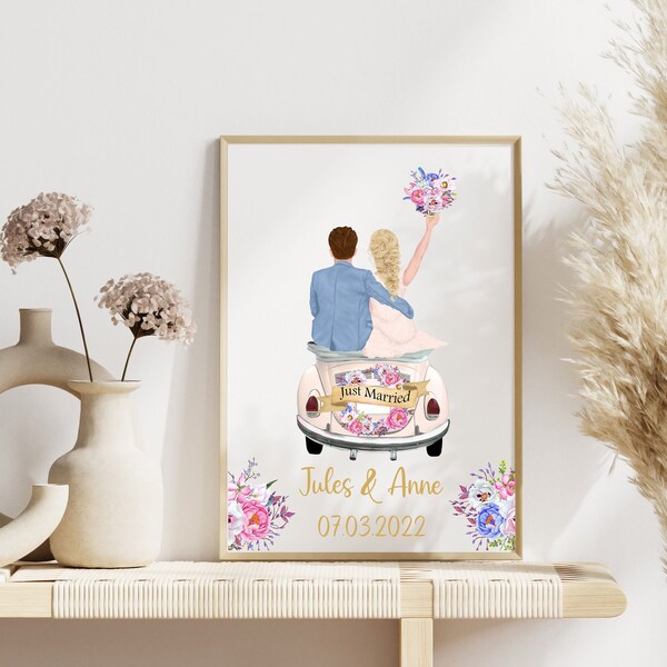 Affiche personnalisée couple de mariés en voiture, idée cadeau de mariage