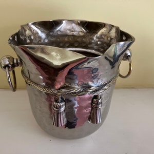 Vintage French Silver Plate Ice Bucket. Lovely design of planished silver and decorative tassel embellishment.