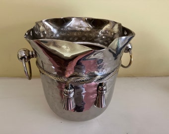 Vintage French Silver Plate Ice Bucket. Lovely design of planished silver and decorative tassel embellishment.