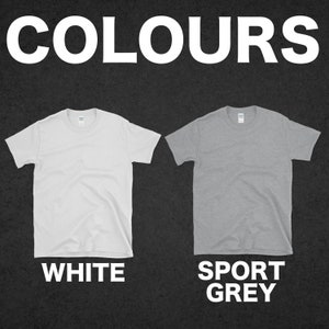 May include: Two t-shirts, one white and one sport grey, displayed on a black background. The word "COLOURS" is at the top of the image. The word "WHITE" is below the white t-shirt and the words "SPORT GREY" are below the grey t-shirt.