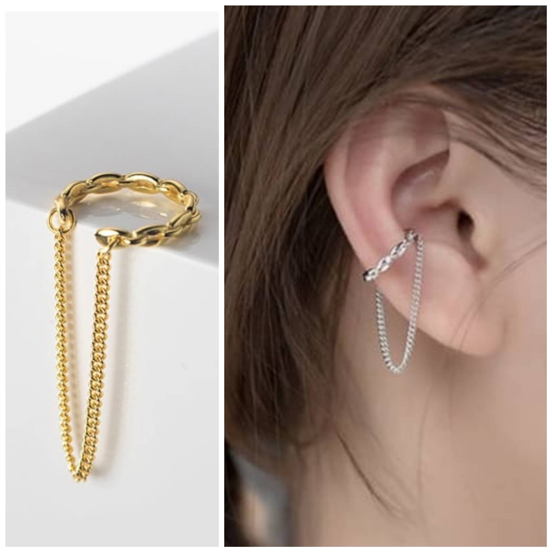 925 Sterling Silver Chain Ear Cuff / No Piercing Needed / Clip Etsy