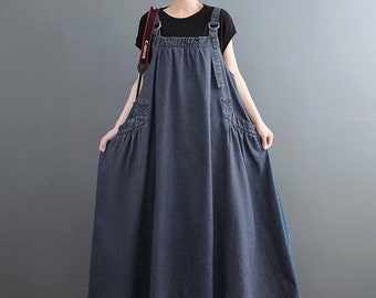Irregular Slit Denim Strap Dress For Women Vintage Loose Long