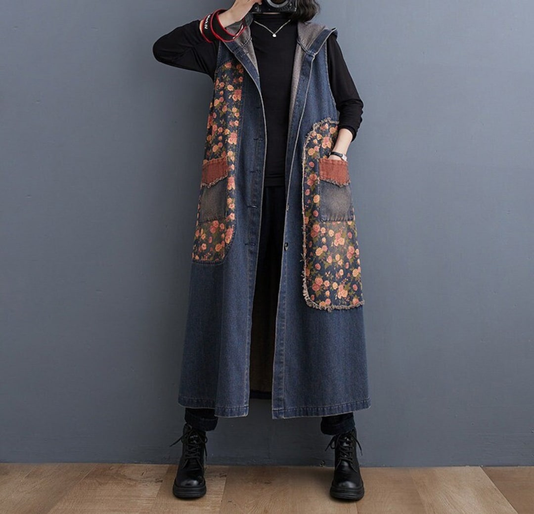 Long Denim Vest, Oversized Denim Vest Jacket, Woman Soild Denim Vest
