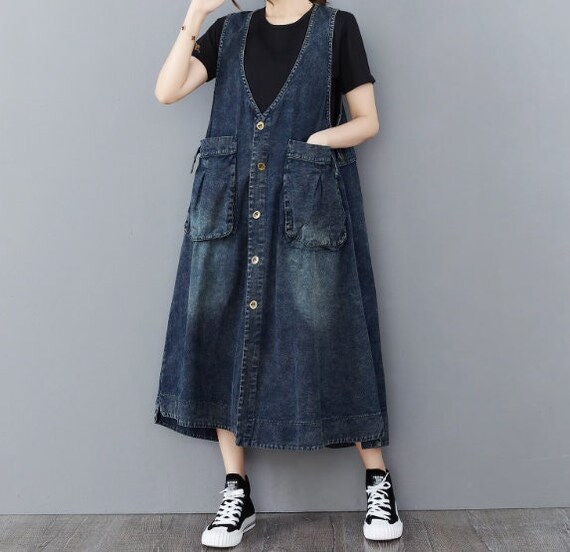Plus size denim dress with pockets cheap