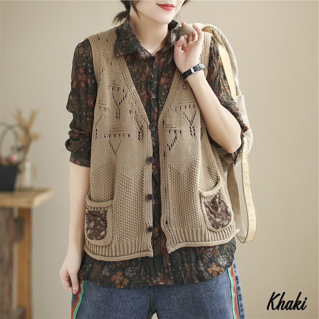 Khaki Sweater Vest Printed Sweater Vest Soild Women Crochet Etsy