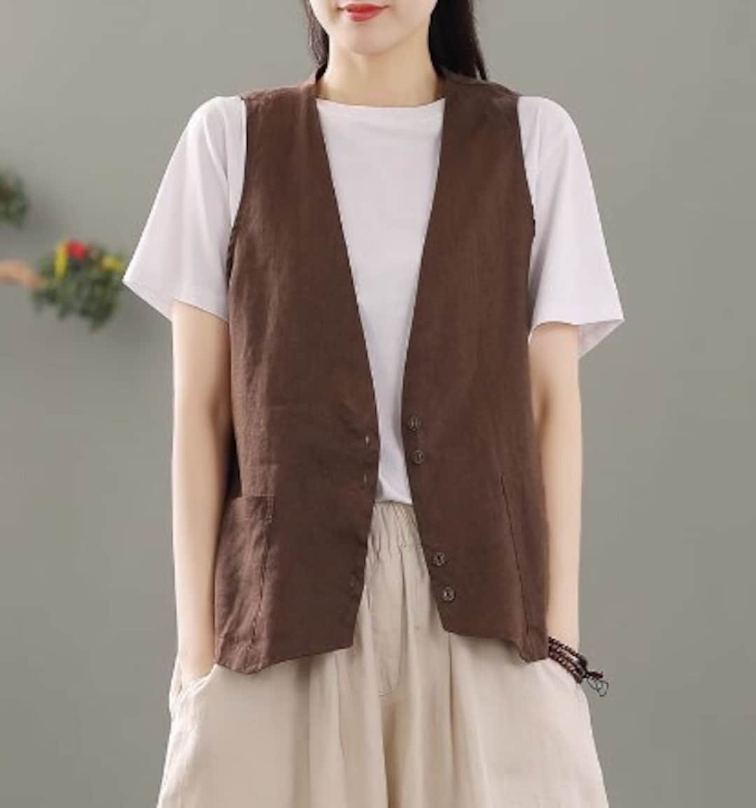 Coffee Linen Vest, Loose Cotton Linen Vest, Women Soild Vest, Autumn Cotton Vest Etsy