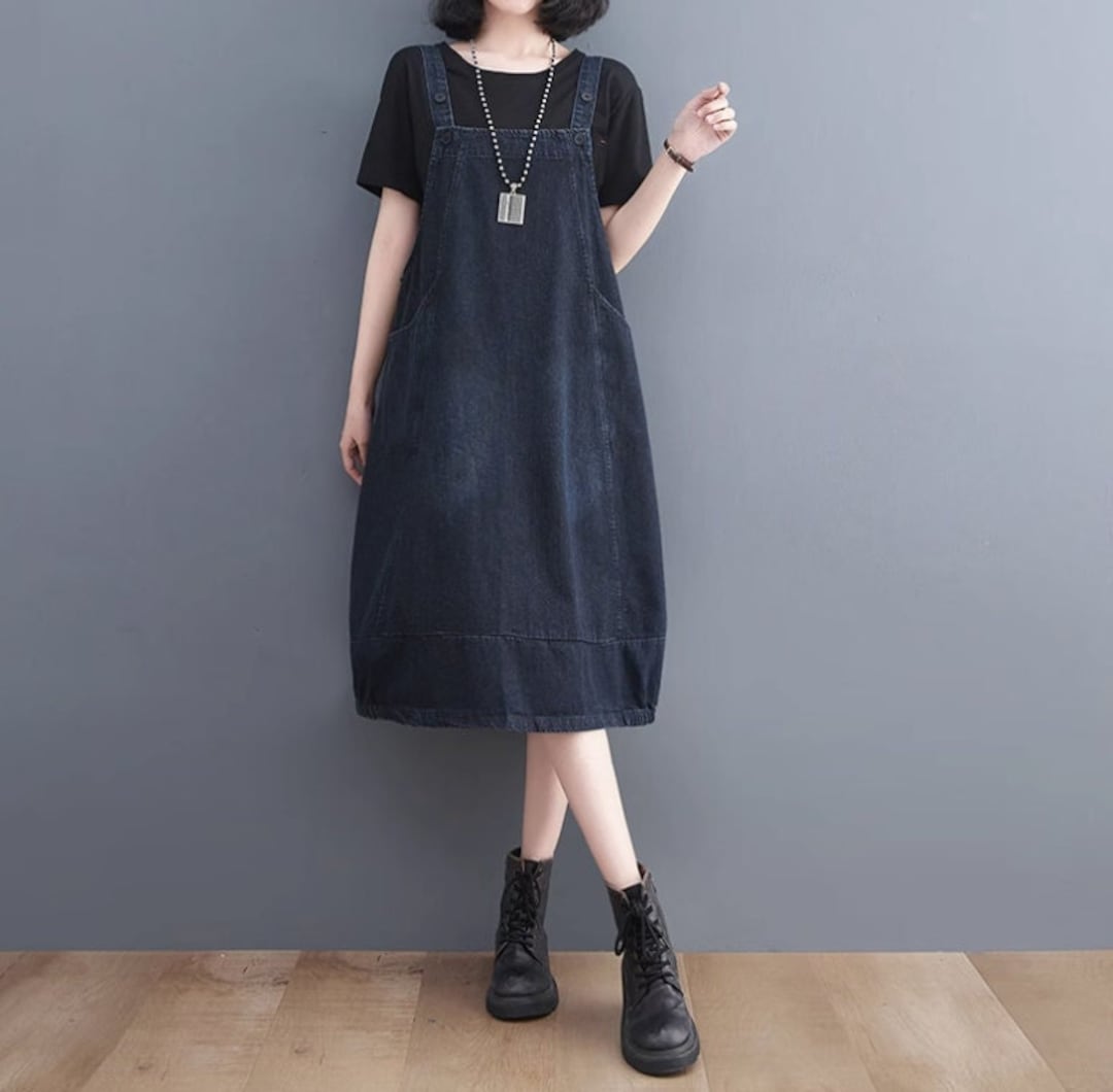 Dark Blue Denim Dress, Autumn Overall Dress, Vintage Oversized Dress