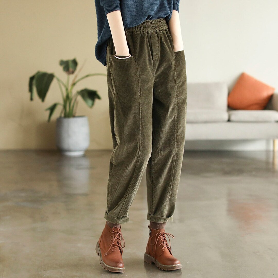 Green Corduroy Pants, Women Loose Corduroy Pants, Elastic Waist Pants ...