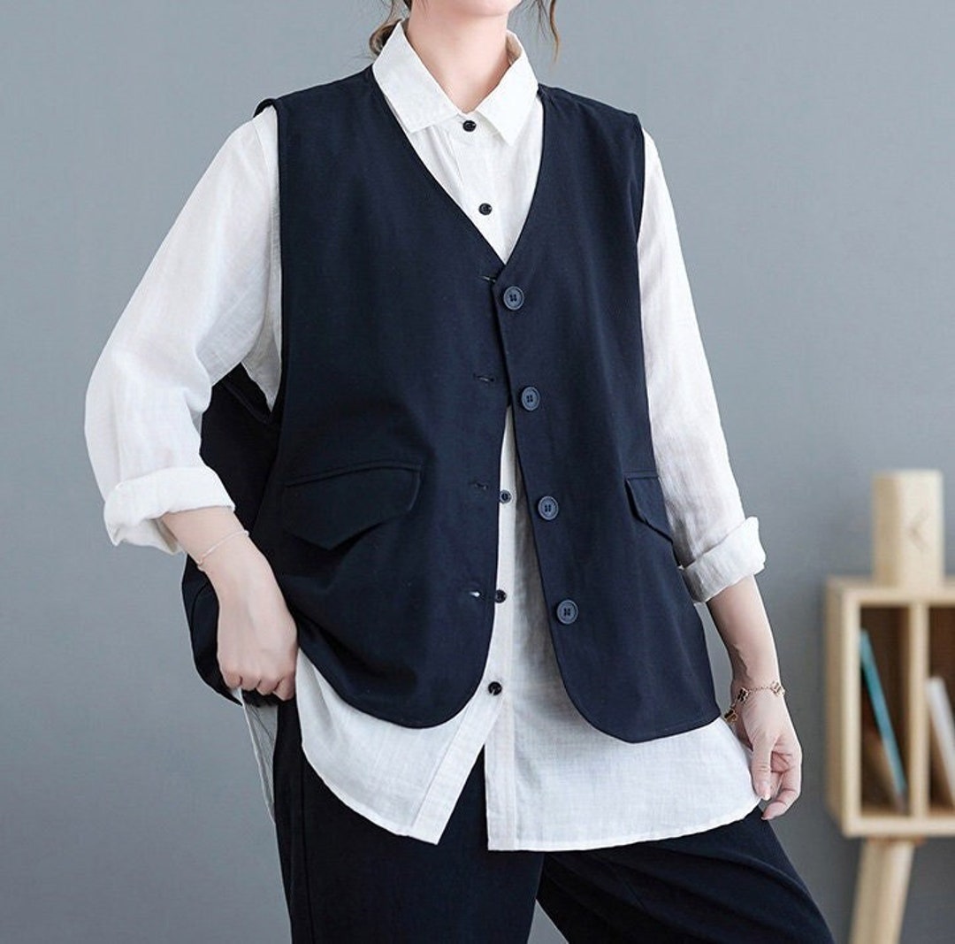 Black Vintage Vest Loose Cotton Vest Women Soild Vest Etsy