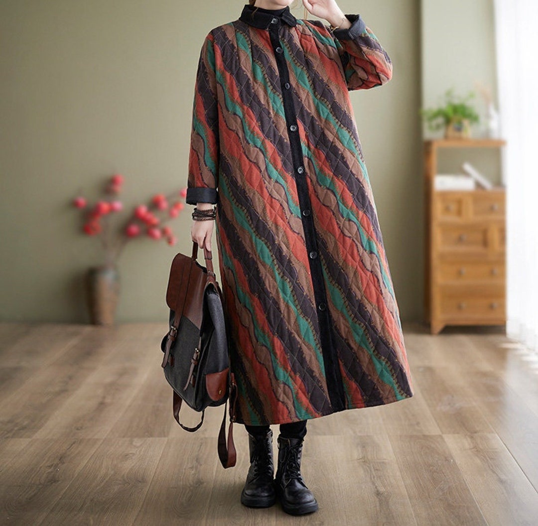 Stripe Quilted Jacket, Orange Printing Quilted Jacket, Cotton Woman's