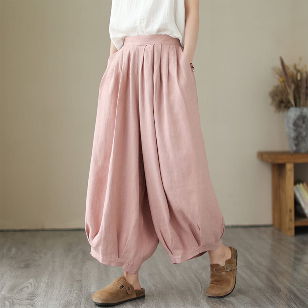 Pink Linen Pants, Wideleg Loose Pants, Casual Linen Cotton Pants, Soft