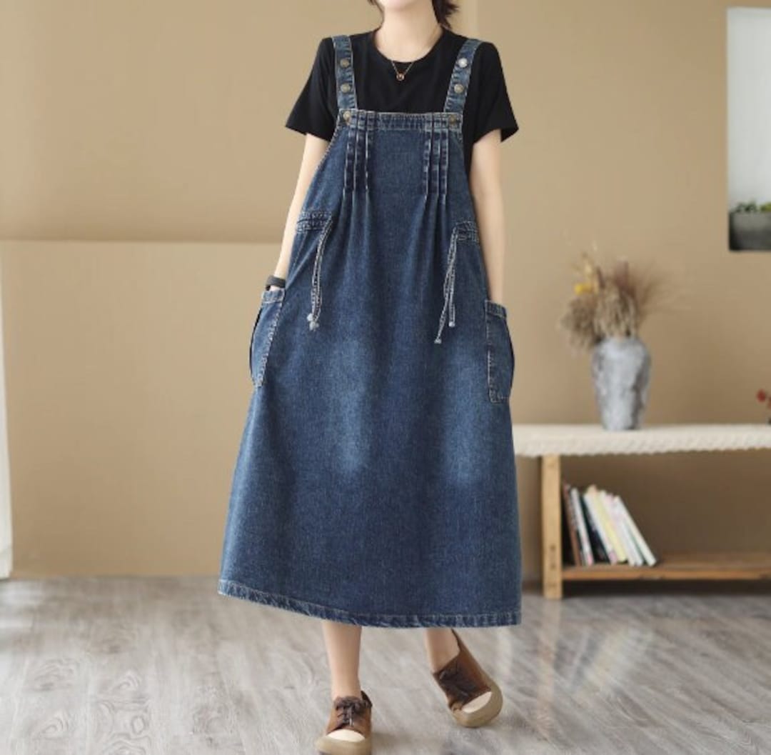 Dark Blue Denim Dress, Summer Strap Dress, Vintage Oversized Dress