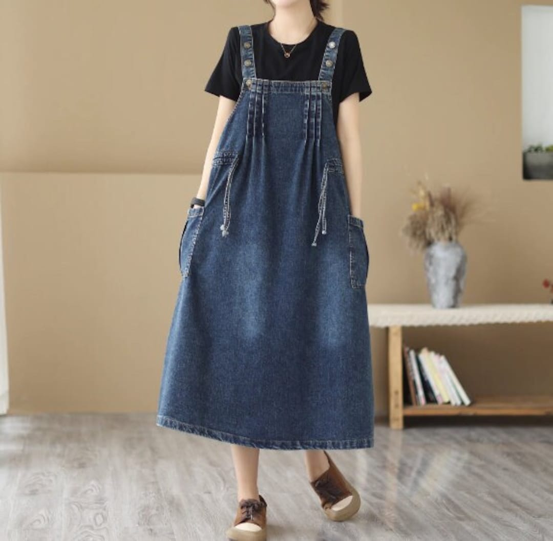 Dark Blue Denim Dress, Summer Strap Dress, Vintage Oversized Dress ...