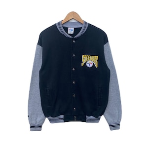 Vintage PITTSBURGH STEELERS Jacket Varsity Bomber NFL Football Sportswear Streetwear Medium Size Vtg 90s Button Up Black Gray Colour