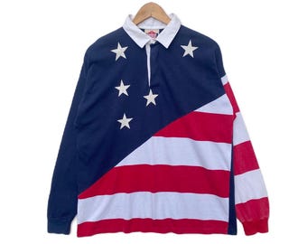 Vintage Polo Shirt American Flag Design Pullover Streetwear Large Size Collared Stripe Long Sleeve Shirt