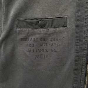 May include: A close-up of a dark gray jacket with a pocket on the left side. The pocket has a black button and the text "750 ART SIL USA", "123 ACT-ATO", "ALLIANCE AA", and "N&deg; 13" printed on it.