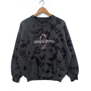 Vintage GIANNI VALENTINO Sweatshirt Sweater Pullover Jumper extra Large Size Long Sleeve Shirt Vtg 90s Black Colour Bleach Wash Acid Wash