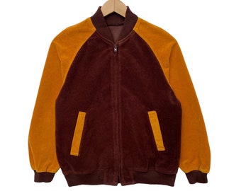 Plain Velvet Varsity Bomber Jacket Zipper Long Sleeve Brown Colour Medium Size Jacket Streetwear