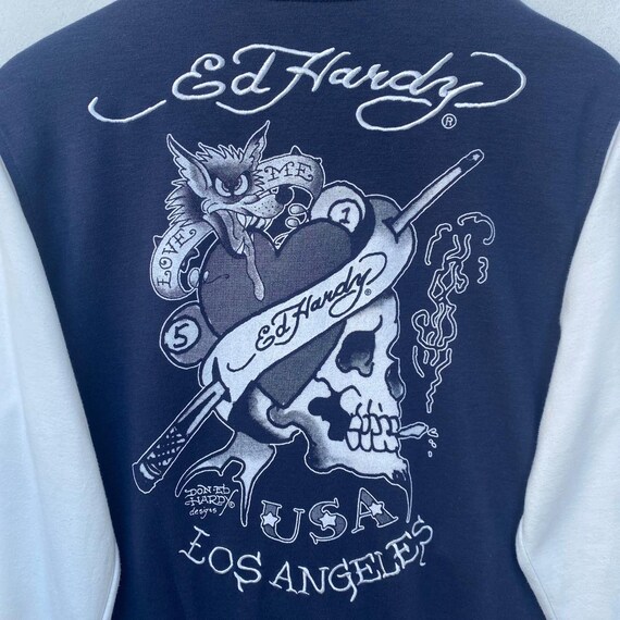 DON ED HARDY Varsity Jacket Button up Long Sleeve Dark Blue Cream Colour Extra Large Size Jacket Streetwear Etsy