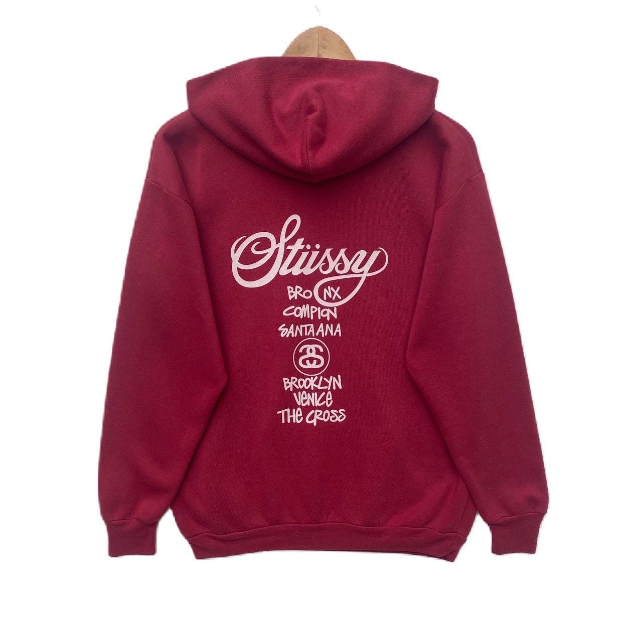 Vintage STUSSY Hoodie Sweater Maroon Colour Pullover Jumper Medium