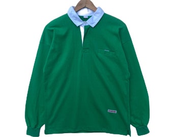 Vintage Polo Rugby Shirt Plain Long Sleeve Streetwear Medium Size Sportswear Plain Green Colour
