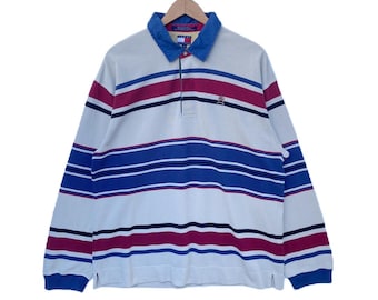 vintage TOMMY HILFIGER polo de rugby rayé manches longues Streetwear Extra large pull col rayé crème bleu rouge