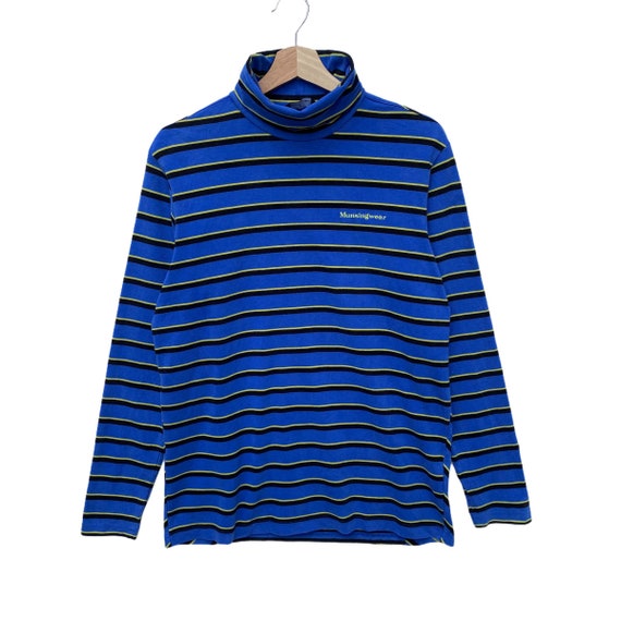 MUNSINGWEAR Turtle Neck Long Sleeve Tee Shirt Stripe Blue Large