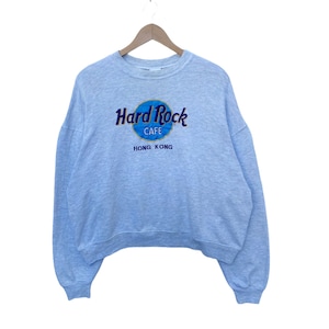 Vintage HARD ROCK CAFE Hong Kong Sweatshirt Sweater Pullover Jumper Medium Long Sleeve Streetwear Gray Colour Vtg 90s Cropped Shirt Crop