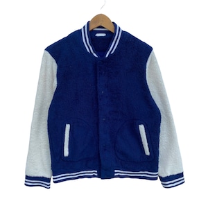 Plain Varsity Jacket Button up Long Sleeve Dark Blue Cream Colour Large Size Jacket Streetwear