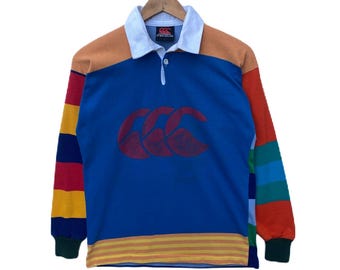 Vintage CANTERBURY Polo Rugby Shirt Striped Long Sleeve Colourful Streetwear Small Size Stripe New Zealand Sportswear Collared