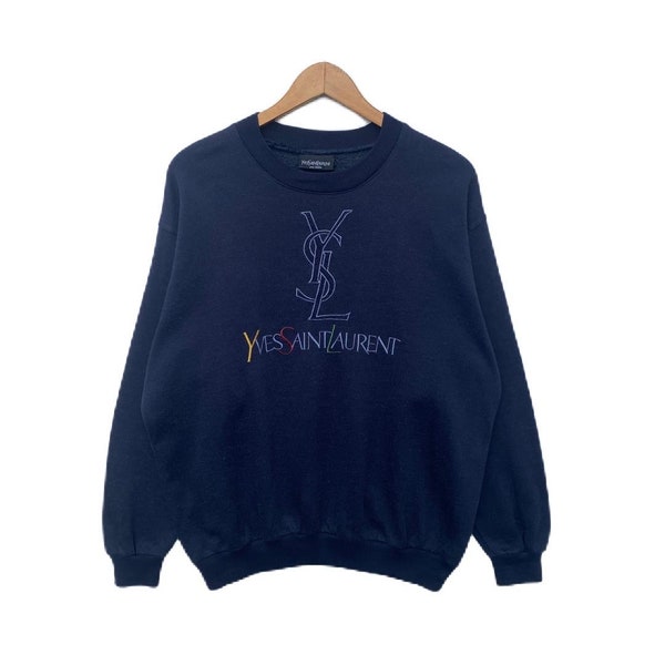 Vintage YVES SAINT LAURENT Felpa Maglione Ricamo Logo Colore Blu Scuro Taglia Media Grande Dope Streetwear Vtg anni '90 ysl Italia