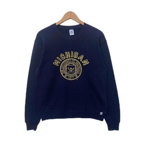 Vintage UNIVERSITY OF MICHIGAN Sweatshirt Sweater Pullover Medium Jumper Long Sleeve Crewneck Shirt Vtg 90s Dark Blue Colour College Russell