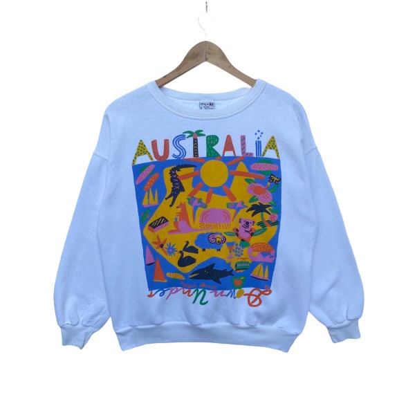 Vintage AUSTRALIA Down Under Sweatshirt Sweater Pullover Jumper Long Sleeve White Colour Tee Shirt Vtg Small Size Crew Neck Streetwear