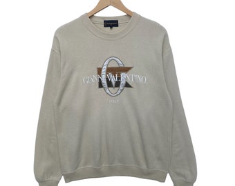 Vintage GIANNI VALENTINO Sweatshirt Sweater Pullover Jumper Embroidery Logo Large Crew Neck Long Sleeve Shirt Vtg 90 Light Brown Beige