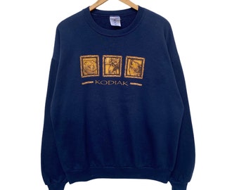 Vintage KODIAK ALASKA Sudadera Suéter Jersey Jersey Jersey Camisa de manga larga Vtg 90s Tamaño extra grande Azul oscuro Crew Cuello Streetwear Bear Wolf