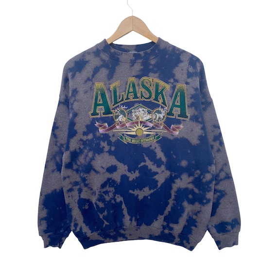 Vintage ALASKA Bleach Wash Sweatshirt Sweater Dark Blue Colour Sweater Pullover Jumper Tie Dye Art Abstract Large Bear Deer Wolf
