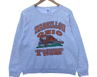 Vintage MASSILLON OHIO Sweatshirt Sweater Pullover Jumper Grey Long Sleeve Crew Neck Shirt Vtg 90s Large College University Tiger Delta Usa