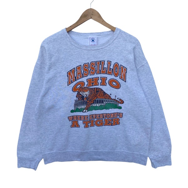 Vintage MASSILLON OHIO Sweatshirt Sweater Pullover Jumper Grey Long Sleeve Crew Neck Shirt Vtg 90s Large College University Tiger Delta Usa