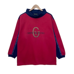 Vintage GIANNI VALENTINO Sweatshirt Sweater Pullover Jumper Red Dark Blue Large Size Long Sleeve Shirt Vtg 90s Sidetape
