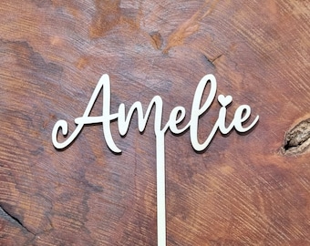 Cake topper personalized made of wood with name heart instead of i dot digit number birthday cake topper colored