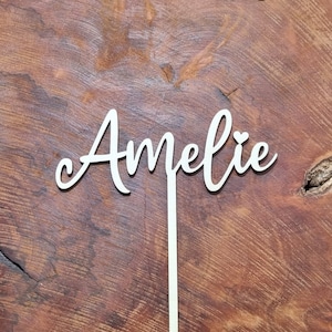 Cake topper personalized made of wood with name heart instead of i dot digit number birthday cake topper colored