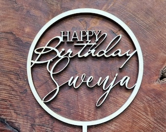 Cake topper personalized made of wood round with name birthday cake topper