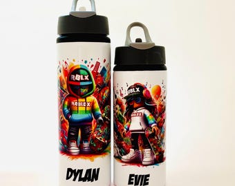 Roblox Inspired Personalised Water Bottles 2 Sizes 600ml or 750ml. Flip Top Straw Kid School Bottle.