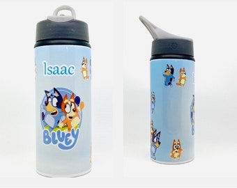 Personalised Aluminium Bluey Inspired Sports Water Bottle 600ml Kids Flip Top Straw Permanent Design.
