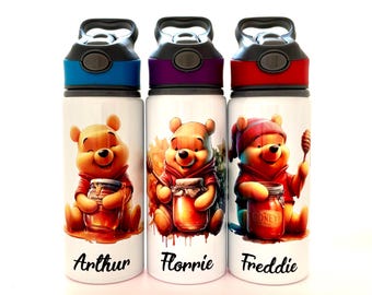 Personalised Winnie The Pooh Inspired Kids Sports School Water Bottle 650ml Pink Blue Purple Red Green Black Girls Boys 6 Colours 3 Designs