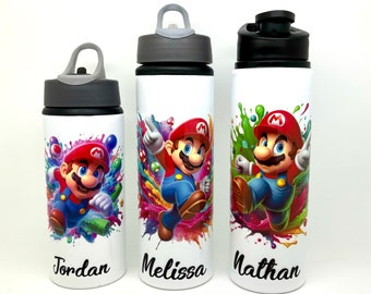 Personalised Super Mario Inspired Kids Sports Water Bottle 600ml 750ml Flip Top Straw Push Top Permanent Design